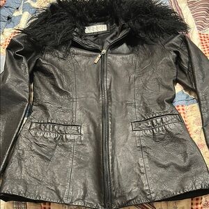 Jones New York Black Leather Jacket with Faux Fur Collar